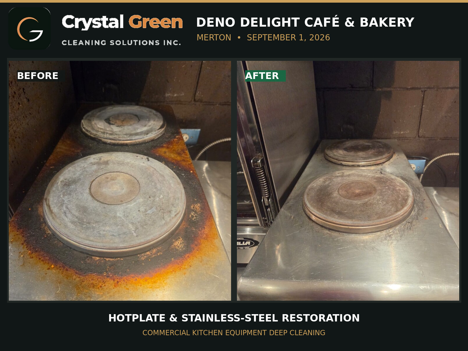 Before and after deep cleaning of a commercial hotplate at Deno Delight Café and Bakery in Merton