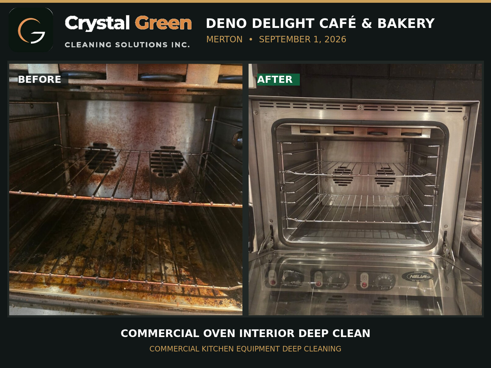 Before and after deep cleaning of a commercial oven at Deno Delight Café and Bakery in Merton