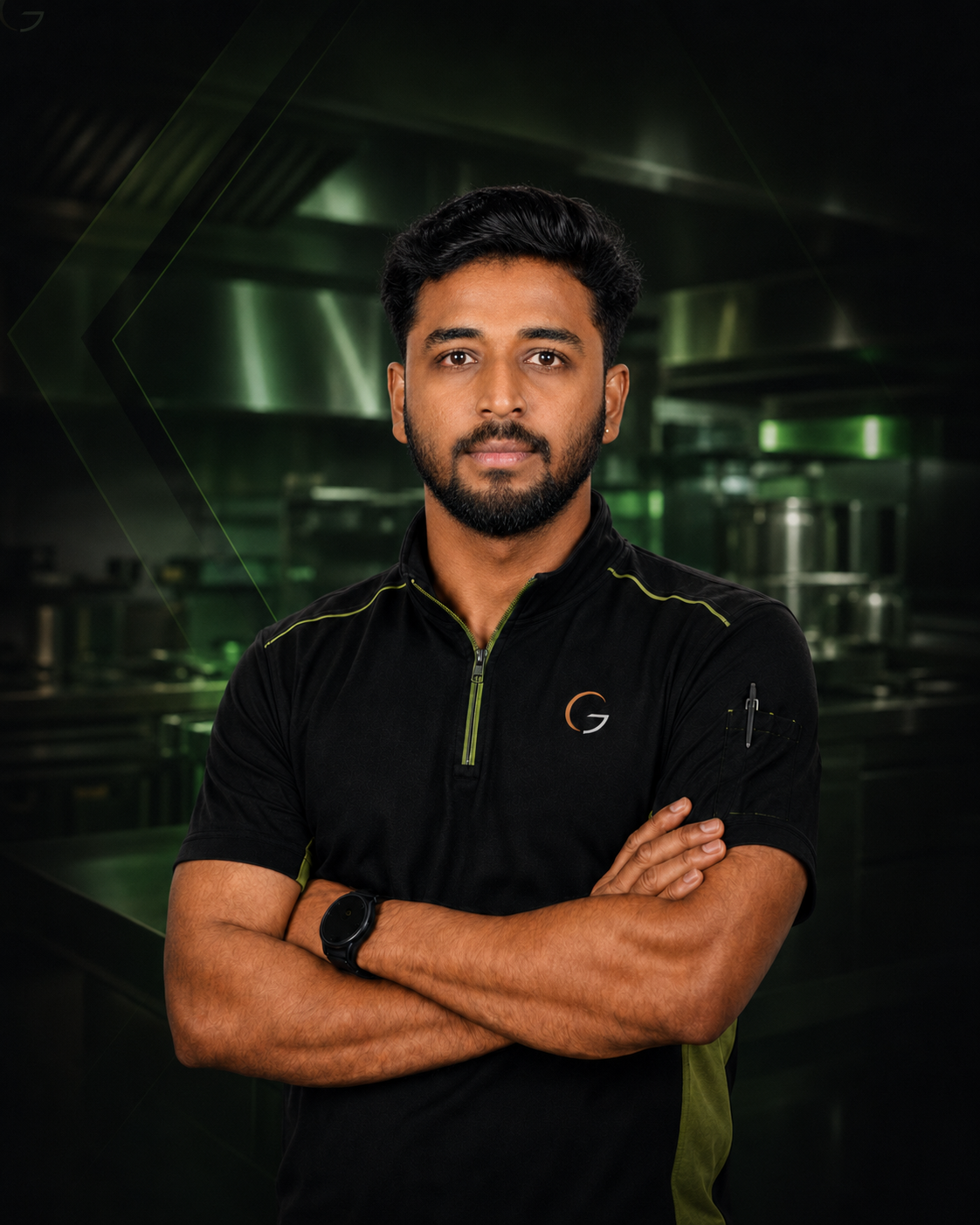 Sivabala, founder of Crystal Green Cleaning Solutions, wearing the company uniform in a commercial kitchen